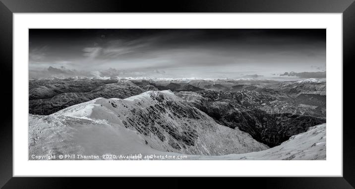 Panoramic view from the summit of Ben Ledi (B&W) Framed Mounted Print by Phill Thornton
