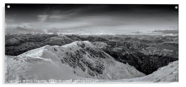 Panoramic view from the summit of Ben Ledi (B&W) Acrylic by Phill Thornton
