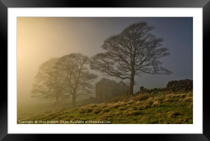 Roach End Barn with a ground mist rolling in Framed Mounted Print by Chris Drabble