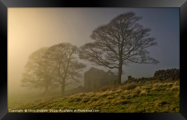 Roach End Barn with a ground mist rolling in Framed Print by Chris Drabble