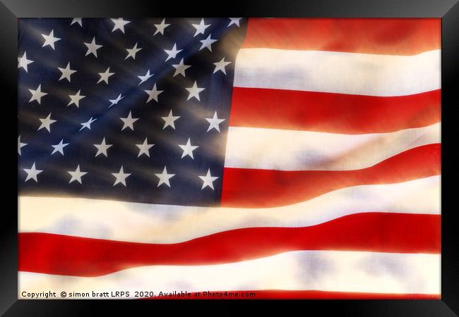 American flag waving in the wind extract Framed Print by Simon Bratt LRPS