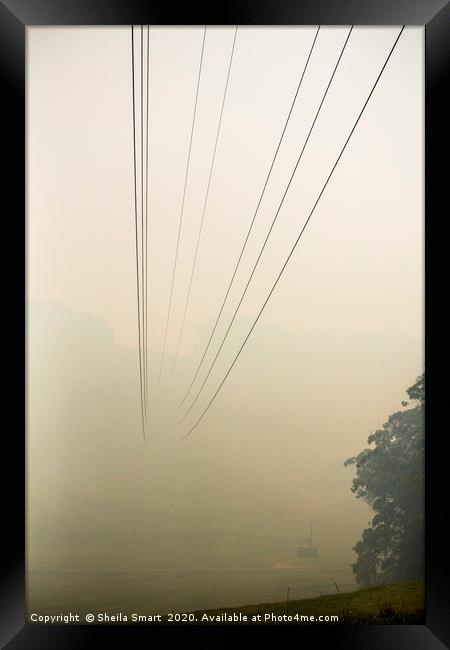 Powerlines disappearing into bushfire smoke Framed Print by Sheila Smart