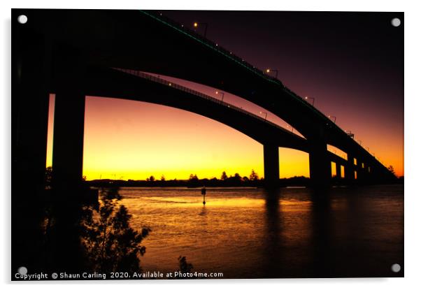 Sunset Over The Sir Leo Hielscher Bridges. Acrylic by Shaun Carling