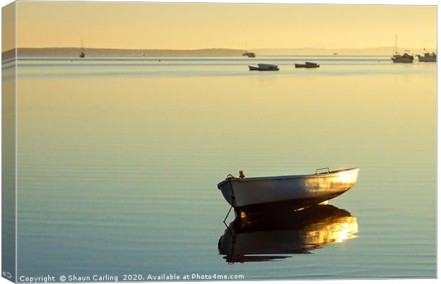 Moored Dinghy At Sunrise Canvas Print by Shaun Carling
