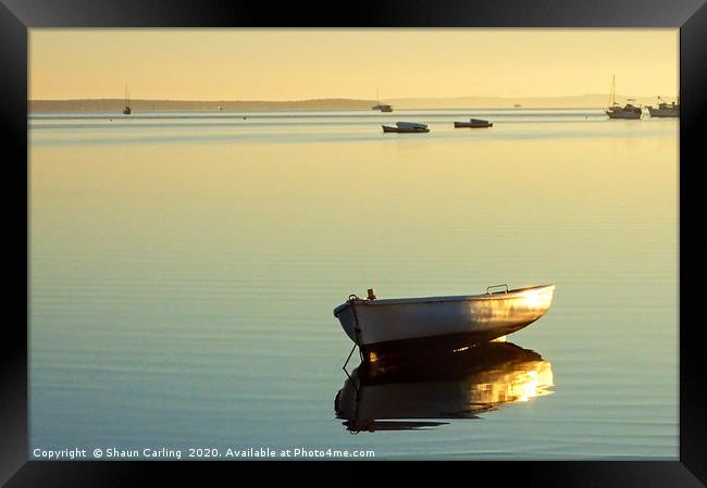 Moored Dinghy At Sunrise Framed Print by Shaun Carling