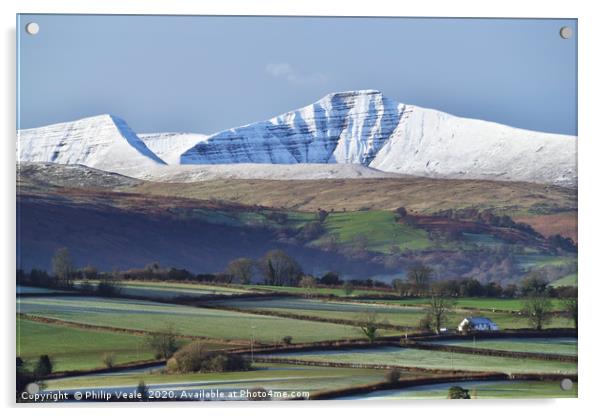 Pen y Fan and Cribyn's Snow Covered Peaks. Acrylic by Philip Veale