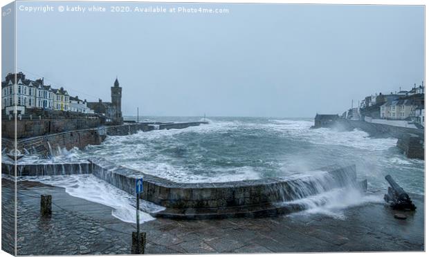 Porthleven Cornwall on a stormy day Canvas Print by kathy white