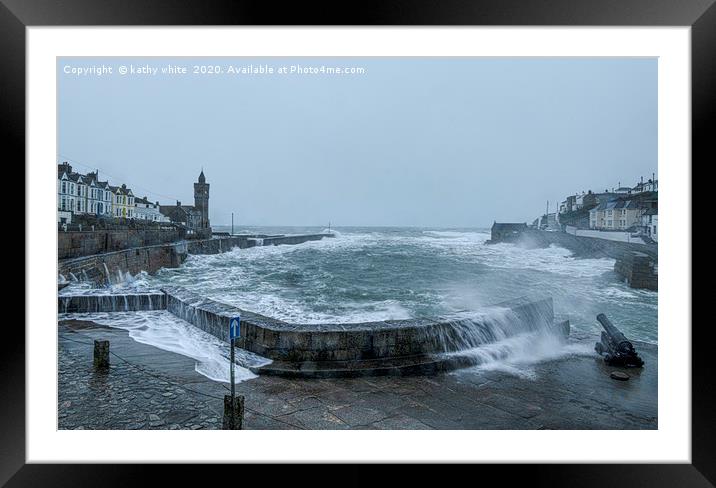 Porthleven Cornwall on a stormy day Framed Mounted Print by kathy white
