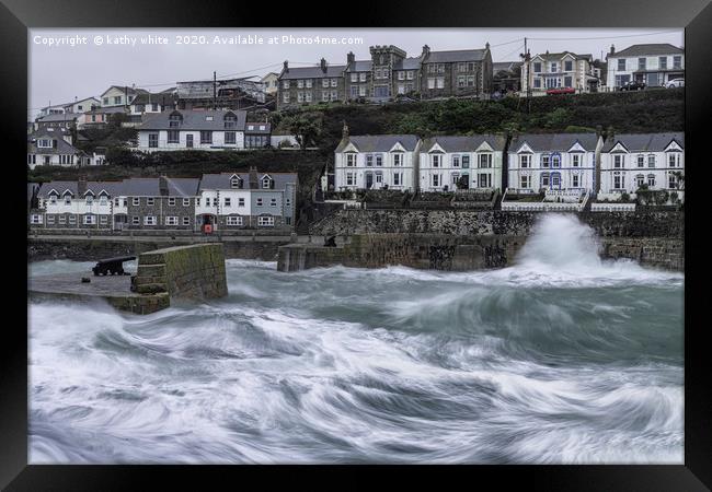  Porthleven Cornwall Stormy weather Framed Print by kathy white