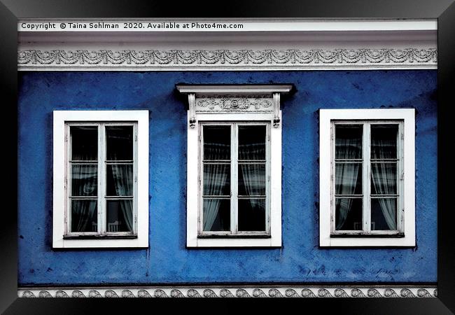 Three Windows on Blue City Buiding, Digital Art Framed Print by Taina Sohlman