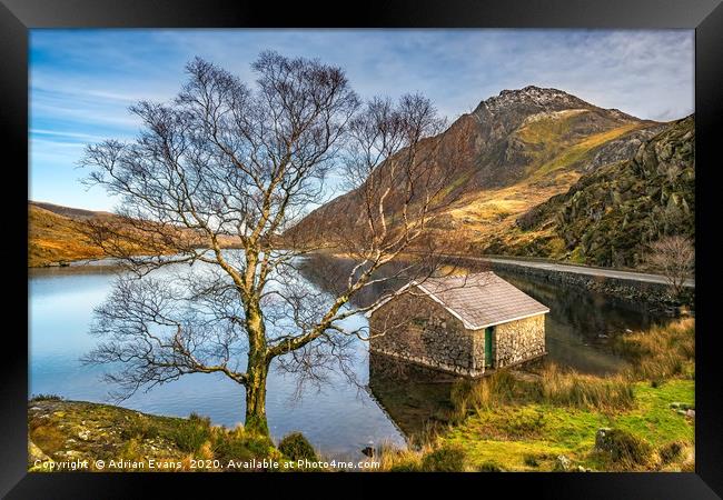 Boat House at Ogwen Lake Snowdonia Framed Print by Adrian Evans