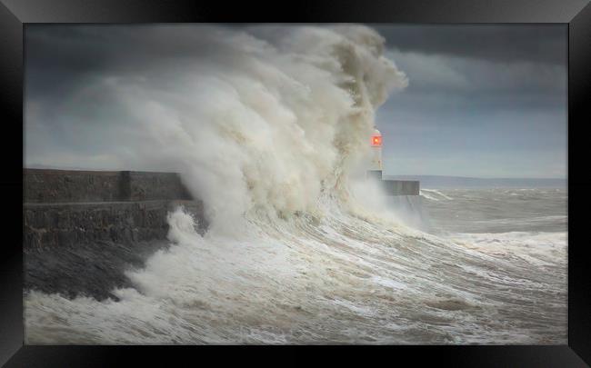 Storm Ciara hits Porthcawl lighthouse Framed Print by Leighton Collins