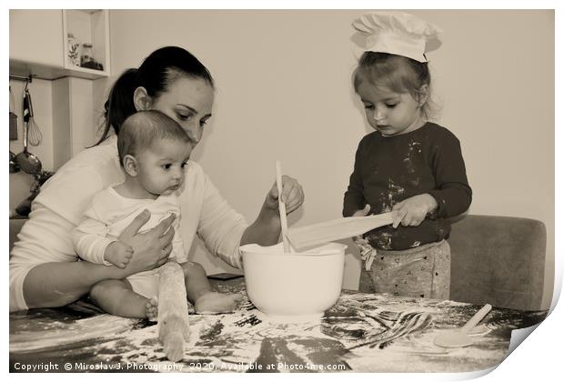 Baker family, Mum with two kids in the kitchen Print by M. J. Photography