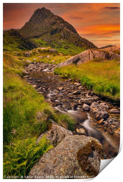 Tryfan Mountain East Sunset Snowdonia Print by Adrian Evans