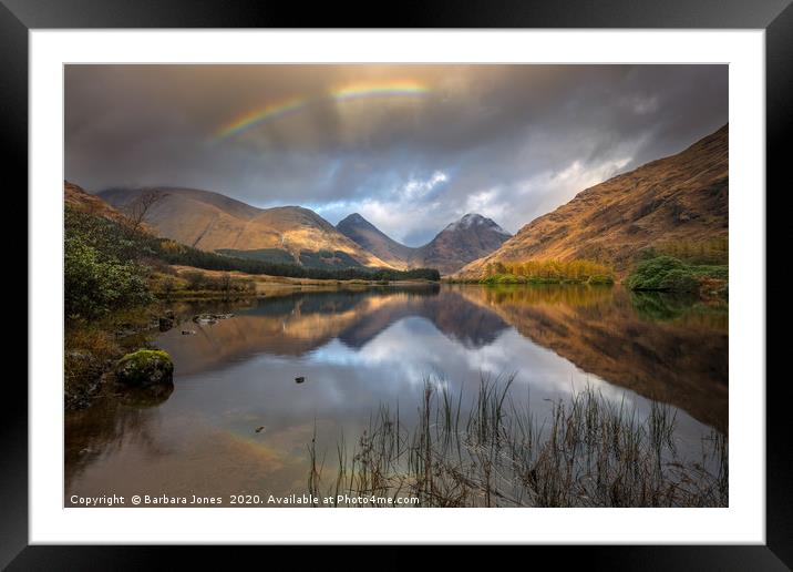 Glen Etive Lochan Nam Urr Rainbow. Framed Mounted Print by Barbara Jones