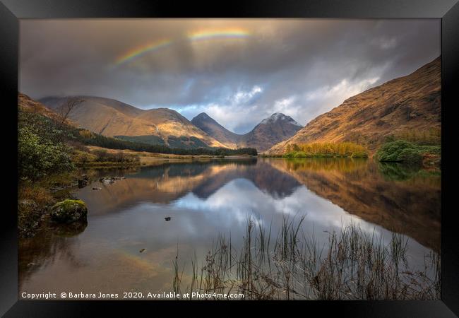 Glen Etive Lochan Nam Urr Rainbow. Framed Print by Barbara Jones