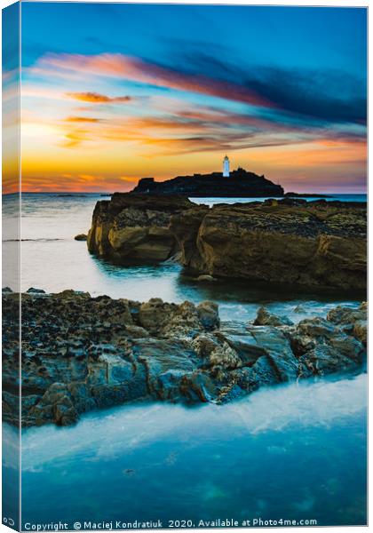 Sunset of Godrevy Lighthouse-St Ives Bay, Cornwall Canvas Print by Maciej Kondratiuk