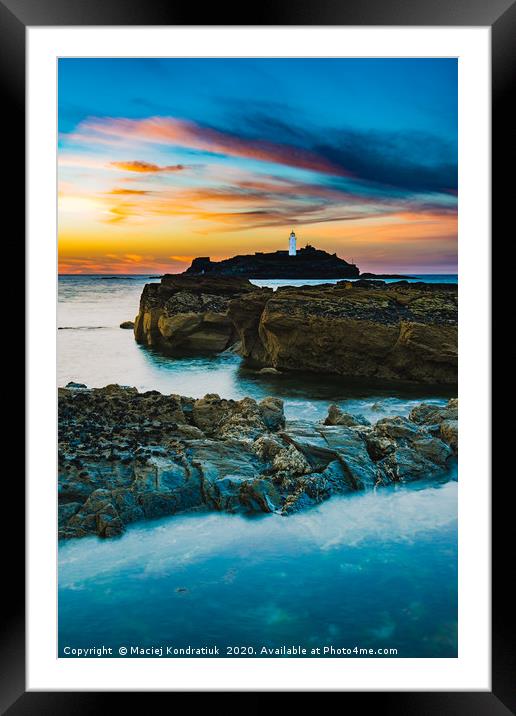 Sunset of Godrevy Lighthouse-St Ives Bay, Cornwall Framed Mounted Print by Maciej Kondratiuk