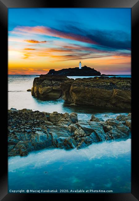 Sunset of Godrevy Lighthouse-St Ives Bay, Cornwall Framed Print by Maciej Kondratiuk