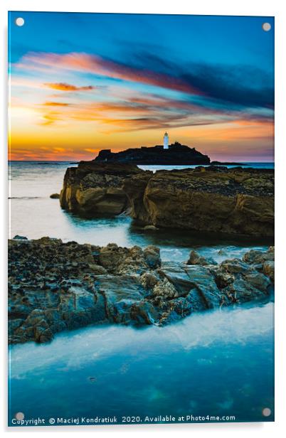Sunset of Godrevy Lighthouse-St Ives Bay, Cornwall Acrylic by Maciej Kondratiuk