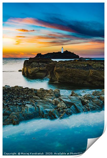 Sunset of Godrevy Lighthouse-St Ives Bay, Cornwall Print by Maciej Kondratiuk