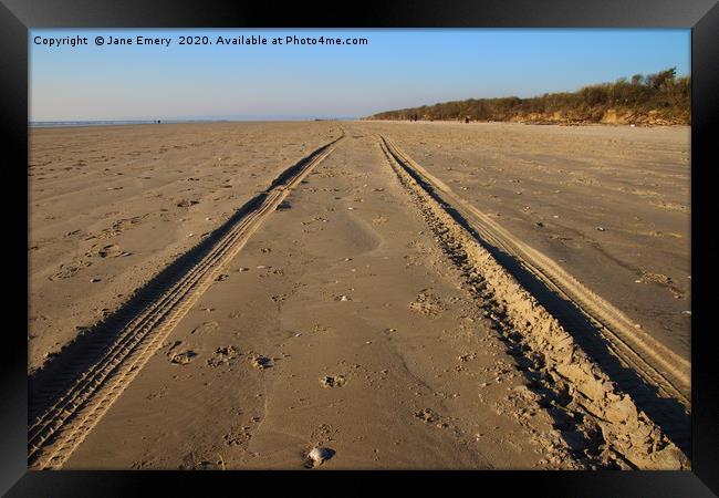 Tracks in the sand at Cefn Sidan, Pembrey, Carmart Framed Print by Jane Emery