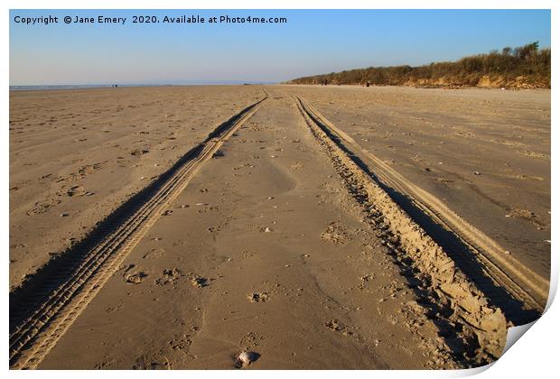 Tracks in the sand at Cefn Sidan, Pembrey, Carmart Print by Jane Emery