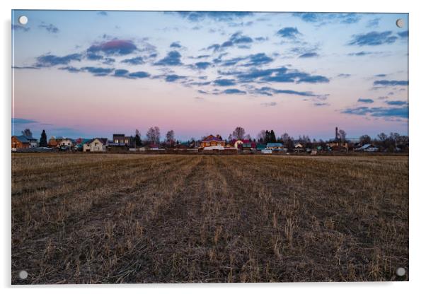 Rural landscape in sunset. Moscow region. Acrylic by Alexey Rezvykh