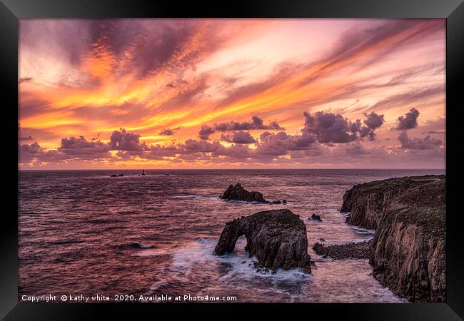  Lands End Cornwall at sunset Framed Print by kathy white