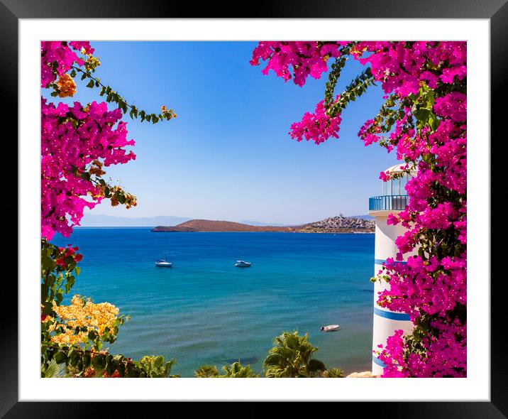 Beautiful pink and purple flowers frame a sea view in Ortakent,  Framed Mounted Print by Alan Hill