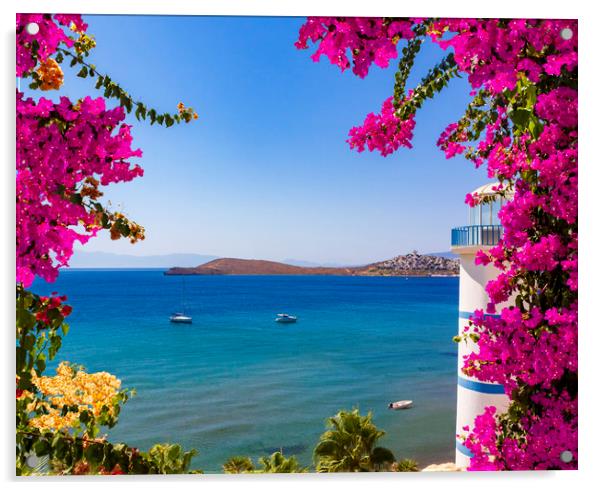 Beautiful pink and purple flowers frame a sea view in Ortakent,  Acrylic by Alan Hill