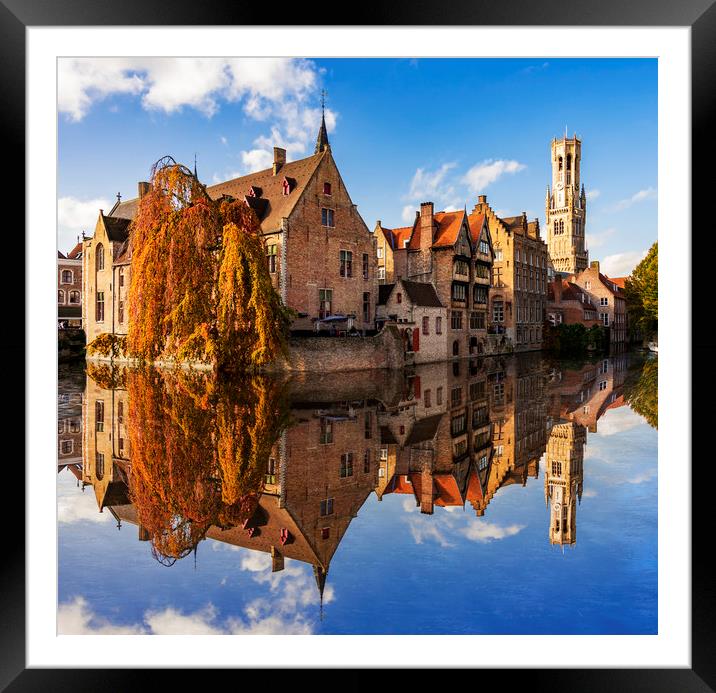Canals and Buildings of Bruges in Belgium in autumn Framed Mounted Print by Alan Hill