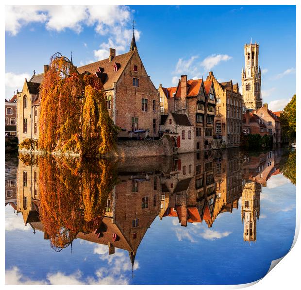 Canals and Buildings of Bruges in Belgium in autumn Print by Alan Hill