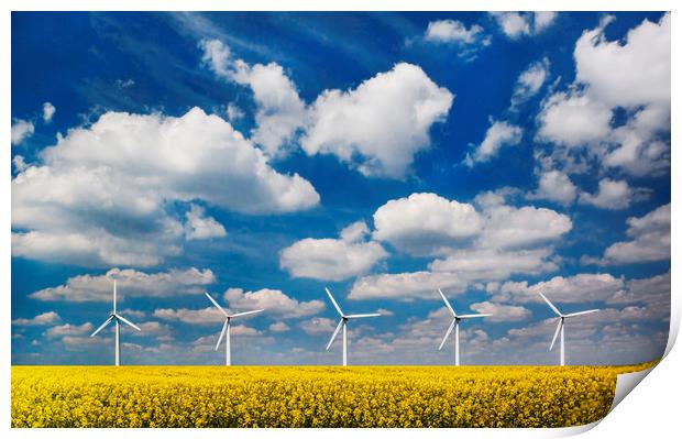 Wind turbines in a field under blue skies Print by Alan Hill