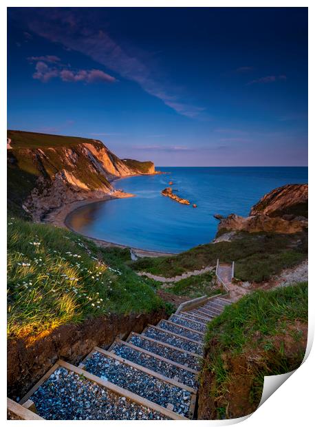Jurassic coast and Durdle Door in Dorset at sunset Print by Alan Hill