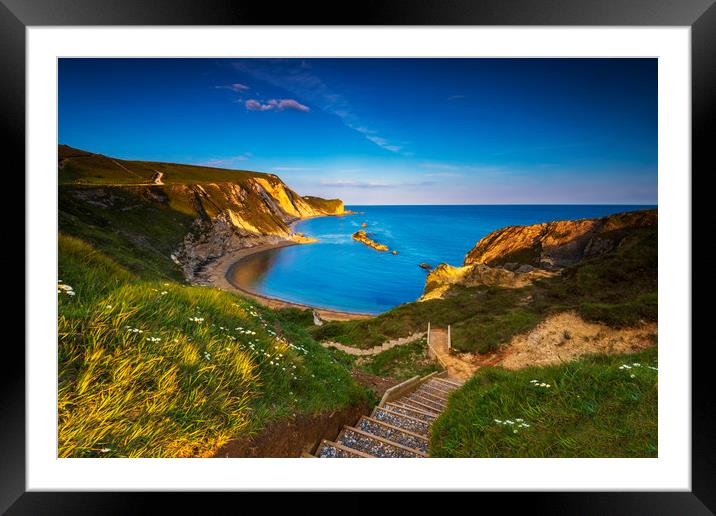 Jurassic coast and Durdle Door in Dorset at sunset Framed Mounted Print by Alan Hill