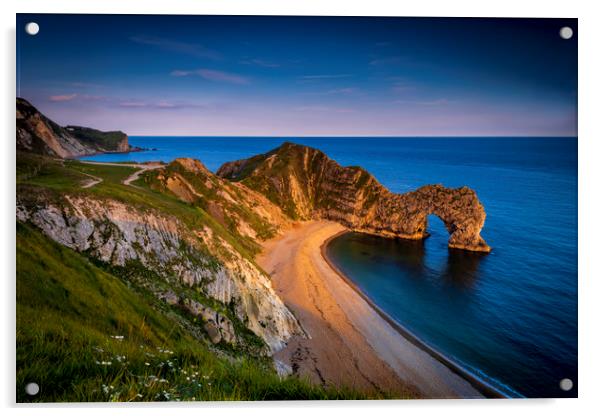 Jurassic coast and Durdle Door in Dorset at sunset Acrylic by Alan Hill