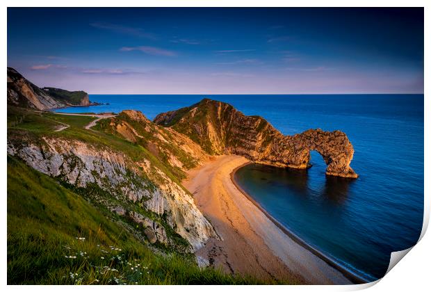 Jurassic coast and Durdle Door in Dorset at sunset Print by Alan Hill