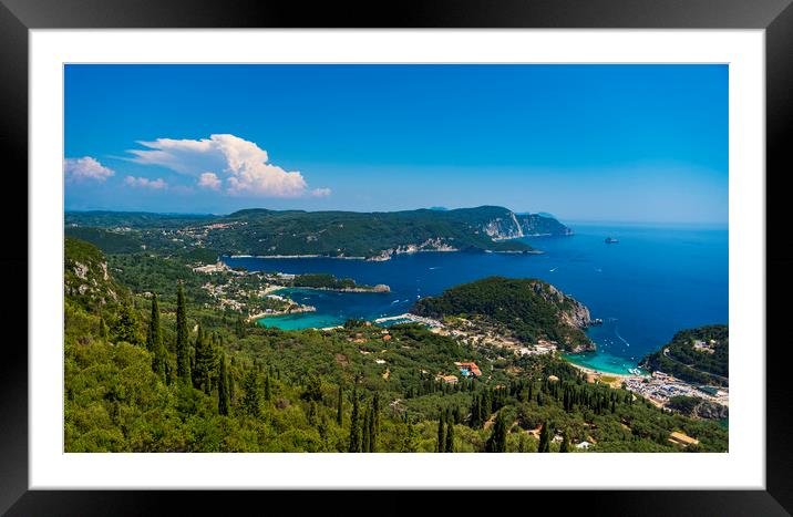 Panoramic view of Palaiokastritsa, boats and beach Corfu, Greece Framed Mounted Print by Alan Hill