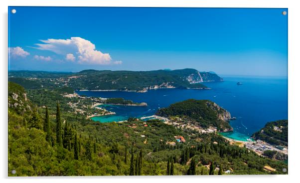 Panoramic view of Palaiokastritsa, boats and beach Corfu, Greece Acrylic by Alan Hill