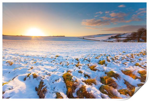 Snowy field at sunset under blue skies Print by Alan Hill