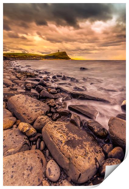 Rocks and ledges of Kimmeridge Bay at sunset Print by Alan Hill