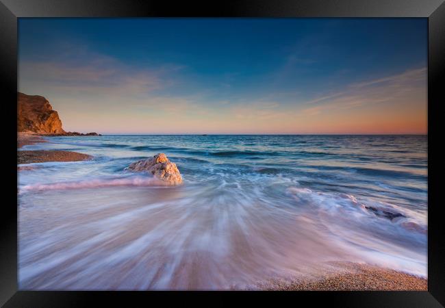 Serene South Dorset Beach and Sea at Sunset  Framed Print by Alan Hill