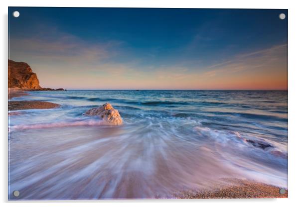 Serene South Dorset Beach and Sea at Sunset  Acrylic by Alan Hill