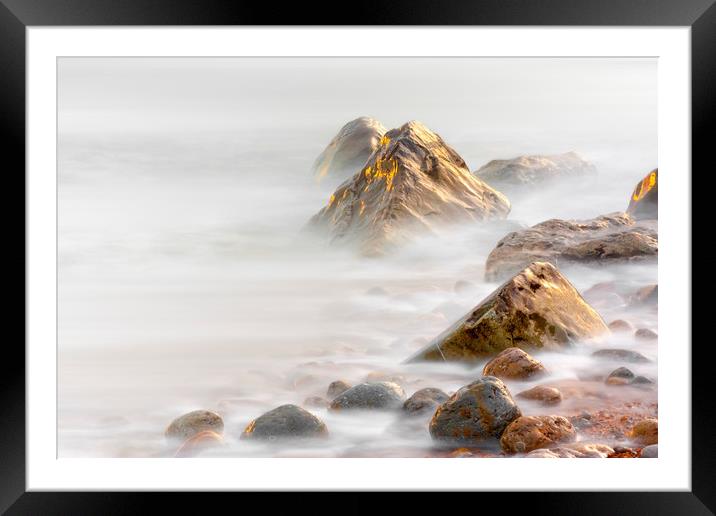 Rocks at Osmington Reflecting Sunset Colours Framed Mounted Print by Alan Hill