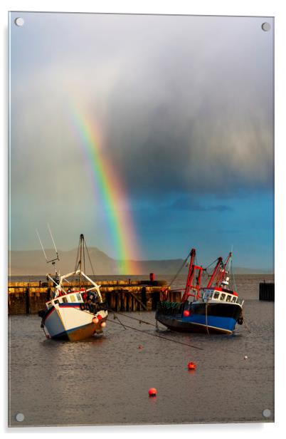 Rainbow over fishing boats at Lyme Regis Acrylic by Alan Hill
