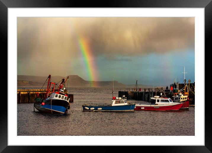 Rainbow over fishing boats at Lyme Regis Framed Mounted Print by Alan Hill