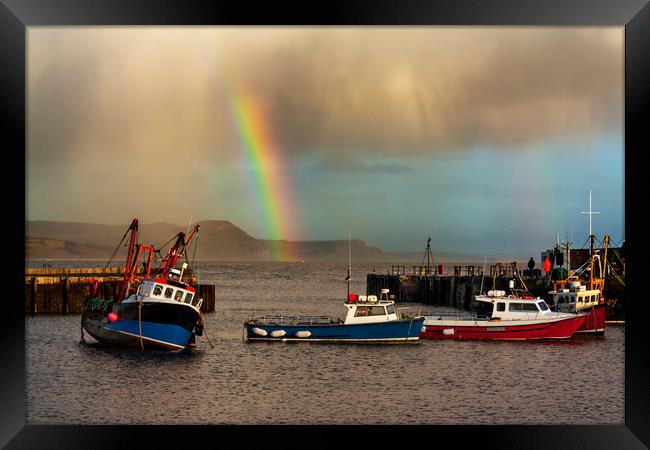 Rainbow over fishing boats at Lyme Regis Framed Print by Alan Hill