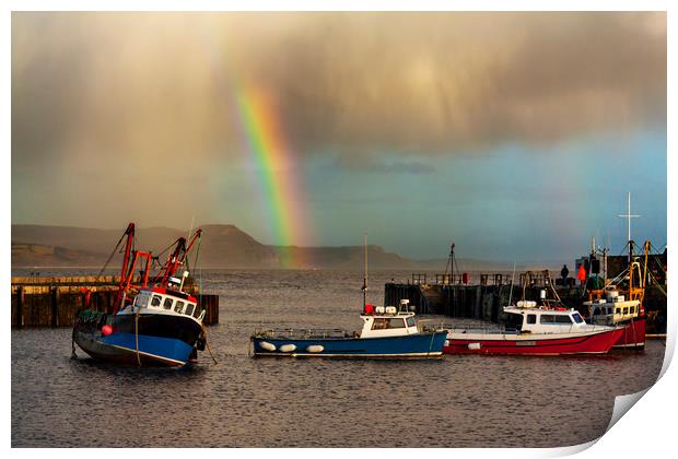 Rainbow over fishing boats at Lyme Regis Print by Alan Hill