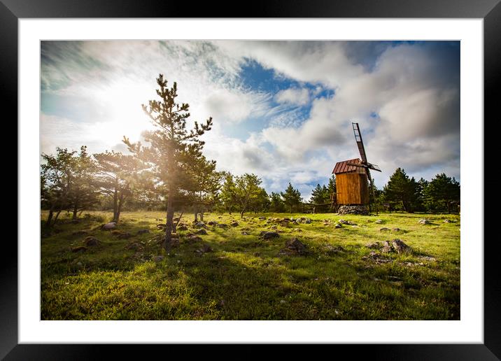 Wooden windmill and trees on sunrise.  Framed Mounted Print by Alexey Rezvykh